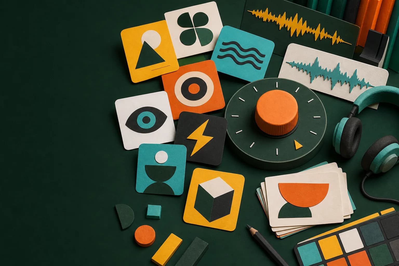 Original illustrated icon quiz studio with abstract symbols and answer cards