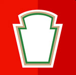 A red backfround with the outling to a ketchup brand logo The answer is: Heinz
