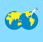 Two globes together with a soccer ball flying out The answer is: Fifa