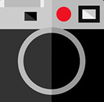 A grey and black camera with a red dot on it The answer is: Leica