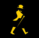 A man in a suit walking with a cane The answer is: Johnny Walker
