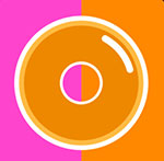 A purple an orange background with a donut in the front The answer is: Dunkin Donuts