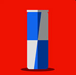 A red back ground with a blue and grey can on it The answer is: Red Bull