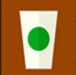 A white cup with a green dot The answer is: Starbuck