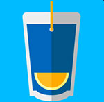 A silver and blue juice container with an Orange on the bottom and a straw coming out The answer is: Capri Sun
