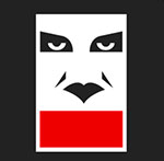 A black background with a man's white and black eyes and nose with a red stripe going across it's mouth The answer is: Obey