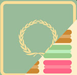 A green background with a gold circle in the middle and colored objects coming out of the side The answer is: Laduree