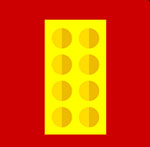 A red background with a yellow block The answer is: Lego