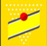 A yellow background with a red dot The answer is: Schweppes