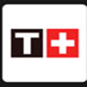 A black letter T and a white plus sign .
