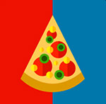 Half red and blue background with a pizze slice on it. The answer is: Dominos