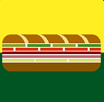 Two pieces of bread with green, red, purple and white in the middle The answer is: Subway