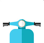 The front to a motorized scooter The answer is: Vespa