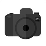 A black camera with a white background The answer is: Canon