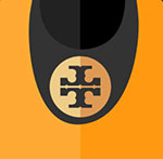 An orange backgroun with a black thing sticking out from the top and a gold emblem The answer is: Tory Burch