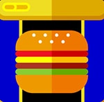 A gold and blue background with a hamburger in the front of it The answer is: Spam
