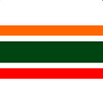 A white background with an orange, green, and red stripe  The answer is: 7-Eleven