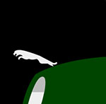 The front of a green car with an emblem sticking out  The answer is: Jaguar