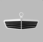 The front grill to a car with an emblem on the top  The answer is: Mercedes-Benz