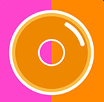 A purple an orange background with a donut in the front  The answer is: Dunkin Donuts