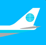 An airplane with a round emblem on the tail  The answer is: Pan Am