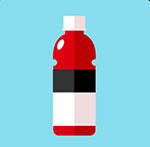 A black and white bottle with red juice in it   The answer is: Vitamin