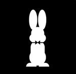 A white bunny in front of a black background  The answer is: Playboy