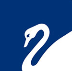 A blue background with a white swan on it  The answer is: Swaroski