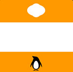 An orange and white background with a penguin on the bottom and a cloud on top  The answer is: Penguin Books