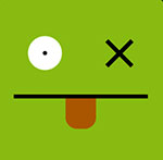 A green background and a face with one eye opened, the other X'd out and it's tounge sticking out  The answer is: Uglydolls