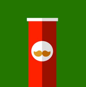 A green background and red can with a mustache on it