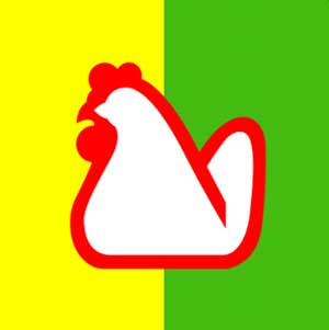 A yellow and green background with a chicken on the front