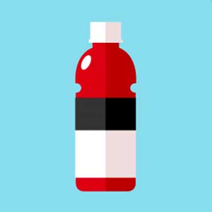 A black and white bottle with red juice in it 