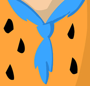 Orange and black spotted shirt with blue tie. 