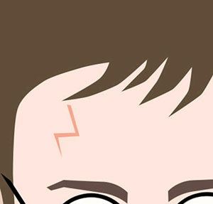Boy with brown hair and lightning bolt on forehead. 