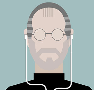 Man with grey hair, glasses, and wearing white, apple headphones. 