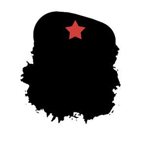 Outline of man with hat and bushy beard, with red star. 