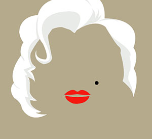 A woman with blodne hair and red lips with a black mole on the side.