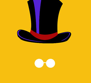 A man with a top hat and white eyes behind a yellow background. 