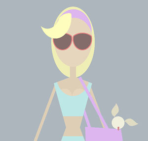Girl with blonde hair, pink sunglasses, and purple purse with dog inside. 