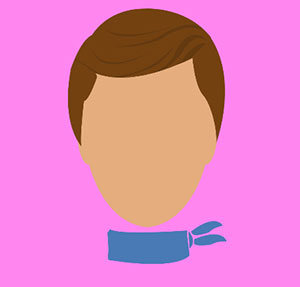 Man with brown hair, blue collar and pink background. 