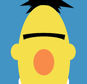 Yellow face with black spiky hair and big orange nose.