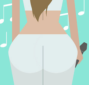 Singer with large butt or behind in white pants.