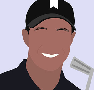 Black golfer wearing black hat and holding a club. 