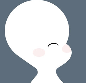 A white figure with pink cheeks and no eyes
