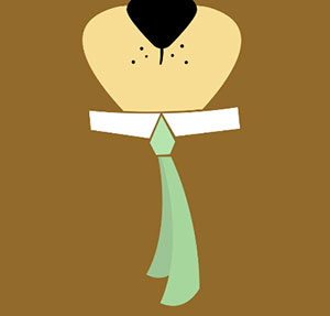  A brown background with a green tie and white collar, sandy mouth and black nose