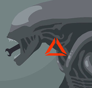 An alien with something coming out of its mouth and a red triangle 