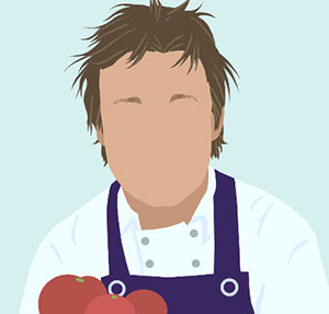 A person with brown hair, wearing blue overalls and a white shirt, holding apples