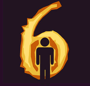 The number six on fire, with a person standing in the middle