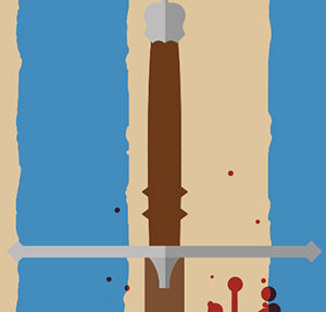 Blue strikes and splattered blood with a sword handle showing 